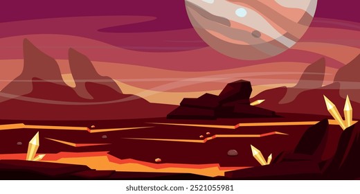 Ilustração vetorial de uma paisagem espacial fantástica. Cena de desenhos animados vista espaço bonito com um planeta, rochas, montanhas rochosas, encostas, rachaduras no chão, pedras preciosas, céu em tons roxo-rosa.