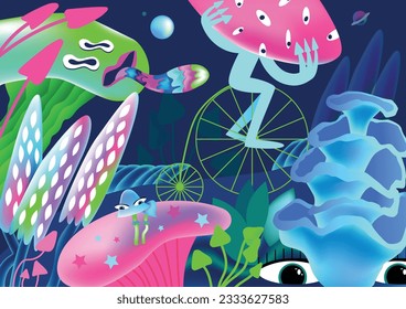 Vector Illustration of Fantasy alien mushrooms in forest. Fairy cartoon luminous mushrooms and neon sparkling toadstools on alien planet. Cartoon cute world of psychedelic mushroom