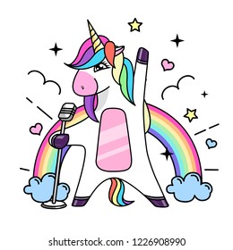 Vector illustration of fantasy animal horse unicorn singing in microphone . Flat style design