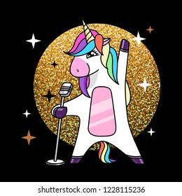 Vector illustration of fantasy animal horse unicorn singing in microphone . Flat style design