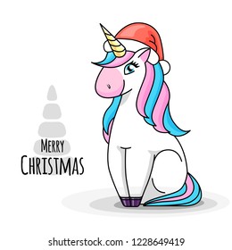 Vector illustration of fantasy animal horse unicorn. Christmas card