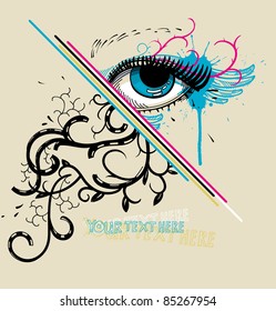 vector illustration of a fantasy blue eye with bright eye shadow and abstract plants and wings
