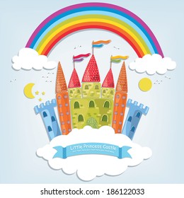 Vector illustration of a fantasy cartoon castle for a little princess in bright cheerful colors for kids