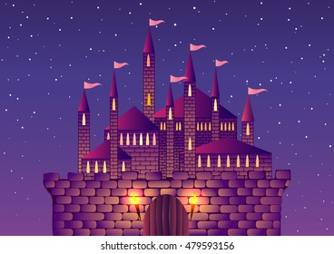 Vector illustration. Fantasy castle on a pink sunset.