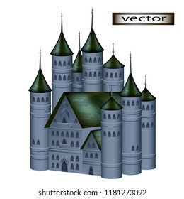 Vector illustration of a fantasy castle in the twilight, the architectural structure in the Gothic style