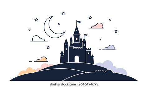 Vector illustration of a fantasy castle under a starry night sky in minimalist style