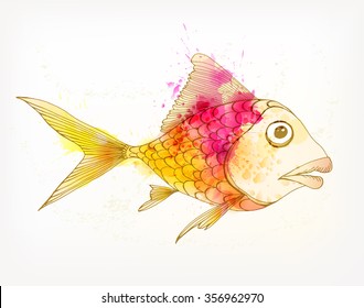 Vector illustration of Fantasy colorful fish. Watercolor splatters