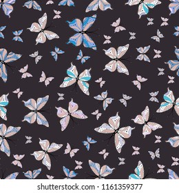 Vector illustration. Fantasy cute illustration. Abstract seamless pattern for clothes, boys, girls, wallpaper. Beautiful watercolor butterflies. Gray, neutral and white butterfly illustration.
