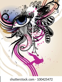 vector illustration of a fantasy eye and a pink bird with abstract plants