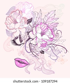 vector illustration of a fantasy face and blooming roses