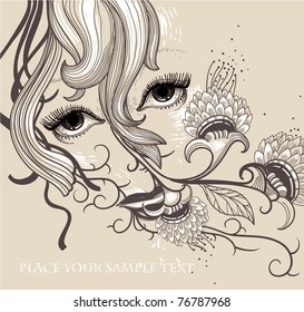 vector illustration of a fantasy face and blooming flowers