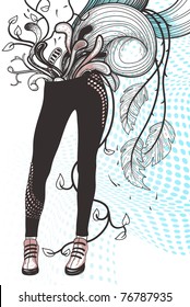 vector illustration of a fantasy figure with abstract plants, waves and feathers