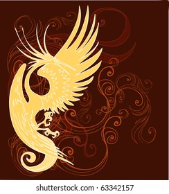 Vector illustration of a fantasy fire bird with both wings spread on the background of beautiful ornament