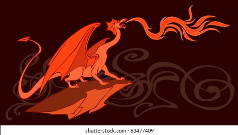 Vector illustration of a fantasy fire-breathing dragon on the background of beautiful ornament