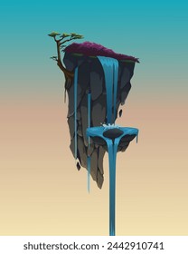 Vector illustration of fantasy floating island with waterfall 