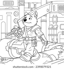 Vector illustration, fantasy fox character walking in armor with weapons through an abandoned city, coloring book.