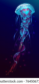 Vector illustration of fantasy glowing jellyfish in the ocean underwater in game style. Design for video game