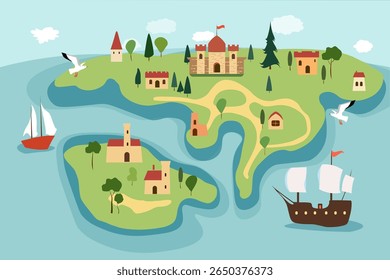 Vector illustration of a fantasy island map with castles, villages, ships, and seagulls surrounded by the sea. The colorful and playful design evokes the atmosphere of adventure and exploration.