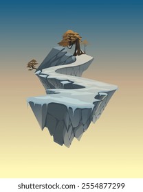 Vector illustration of a fantasy island with a snowy path leading to a beautiful big tree