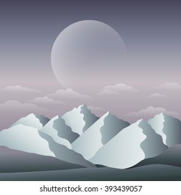Vector illustration of a fantasy landscape with mountains