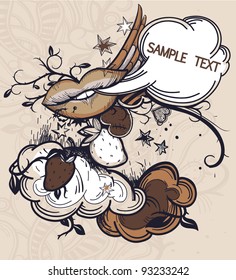 vector illustration of fantasy lips, berries and clouds in a vintage style