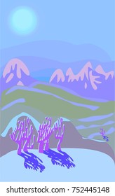 The Vector Illustration Of A Fantasy Moon Lanscape With The Violet Trees And Mountains