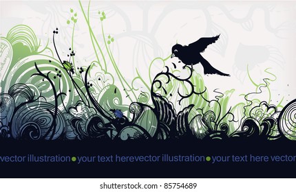 vector illustration of fantasy plants and a black bird