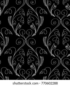 Vector illustration of fantasy plants seamless pattern. White abstract plants on black background. Hand drawn.