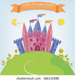Vector illustration of a fantasy princess castle in a cartoon style with bright colors and a banner