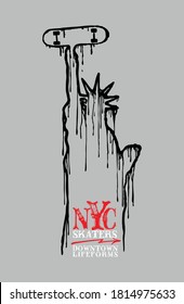 Vector illustration of fantasy representation of the Statue of Liberty silhouette holding skateboard with dripping paint.