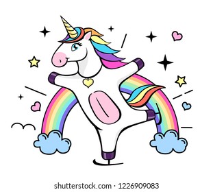 Vector illustration of fantasy skating unicorn. Cartoon style design