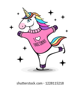 Vector illustration of fantasy skating unicorn. Cartoon style design