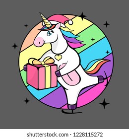 Vector illustration of fantasy skating unicorn with christmas present. Cartoon style design