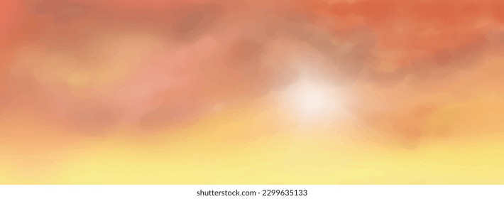 Vector illustration of fantasy sky background and pastel color.  Vector watercolor texture with white clouds, sunshine and blue sky for cards. Hand drawn vector texture. Heaven. 