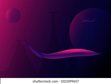 Vector illustration of a fantasy Space landscape of an interplanetary ship, an airfield of the future, a planet.