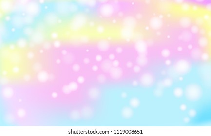 Vector illustration in fantasy style for mermaid, unicorn, rainbow, llamas in pastel shades with glitter. The sky is pastel caramel, white clouds. Pastel clouds and sky with bokeh . Cute bright candy.