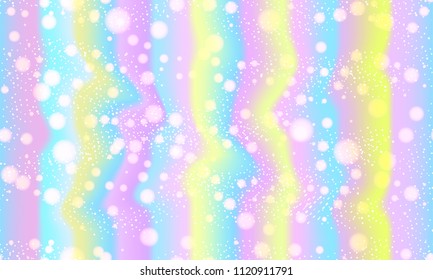 Vector illustration in fantasy style for mermaid, unicorn, rainbow, llamas in pastel shades with glitter. The sky is pastel caramel, white clouds. Pastel clouds and sky with bokeh . Cute bright candy.