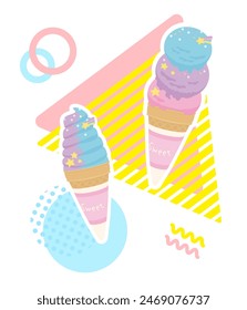 Vector illustration of fantasy sweet cute dream color ice cream and soft serve ice cream with cute pop background.