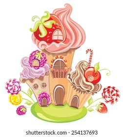 Vector illustration of fantasy sweet house of cakes, candy and berries isolated on a white background