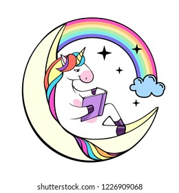 Vector illustration of fantasy unicorn reading book on the Moon.
