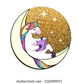 Vector illustration of fantasy unicorn reading book on the Moon.