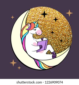 Vector illustration of fantasy unicorn reading book on the Moon.