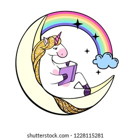 Vector illustration of fantasy unicorn reading book on the Moon.