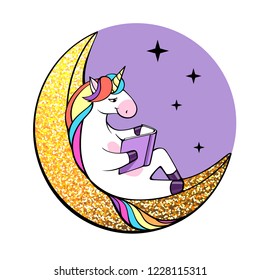 Vector illustration of fantasy unicorn reading book on the Moon.
