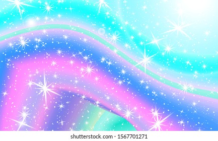 Vector illustration. Fantasy universe. Fairy background. Holographic magic stars. Unicorn pattern. Candy background.