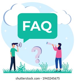 Vector illustration of FAQ support as frequently asked questions helps in discussion. Answer customer solutions from the web help page with advice information. Find troubleshooting instructions.
