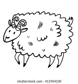 Vector illustration with farm animal. Doodle cute buck. Cartoon sheep. Handy drawn domestic animal.