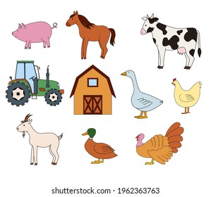 Vector illustration of farm animals, barn and tractor.