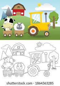 Vector illustration of farm animals cartoon on cart pulling by tractor, farm field elements cartoon, coloring book or page