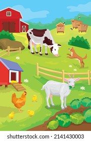 Vector illustration of farm animals graze in yard and dog plays